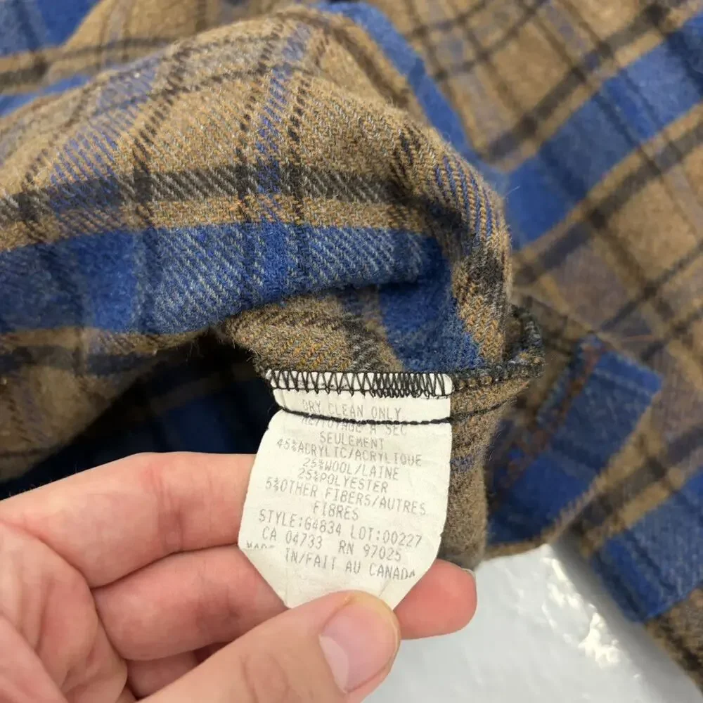 Vintage 90s Groggy Brown/Blue Plaid Wool Fleece Shirt Jacket - Picture 3 of 4